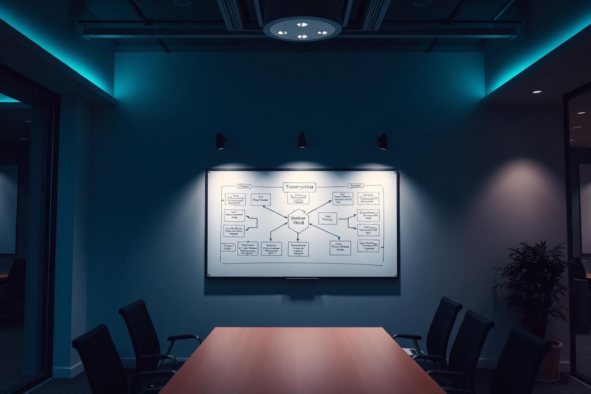 Sala de estrategia empresarial con diagrama de planificación